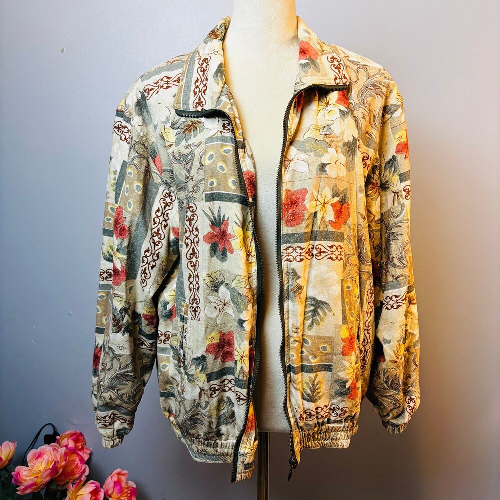 Vintage Vital Zone 100% Silk Floral Geometric Full Zip Windbreaker Jacket Med